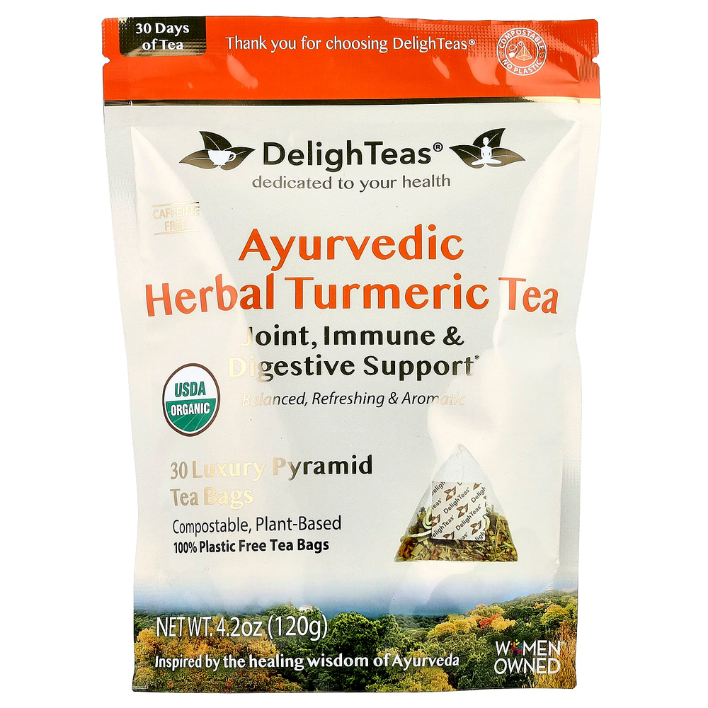 DelighTeas, Аюрведический травяной чай с куркумой, без кофеина, 30 роскошных чайных пакетиков в форме пирамидки, 120 г (4,2 унции)