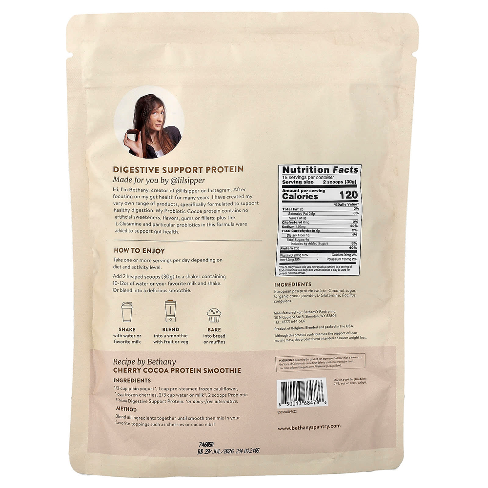 Nuzest, Bethany's Pantry, Digestive Support Protein ™, пробиотик какао, 450 г (15,87 унции)