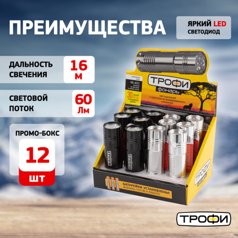 Светодиодный фонарь Трофи TM9-box12 ручной на батарейках в промо-боксе алюминиевый | Трофи