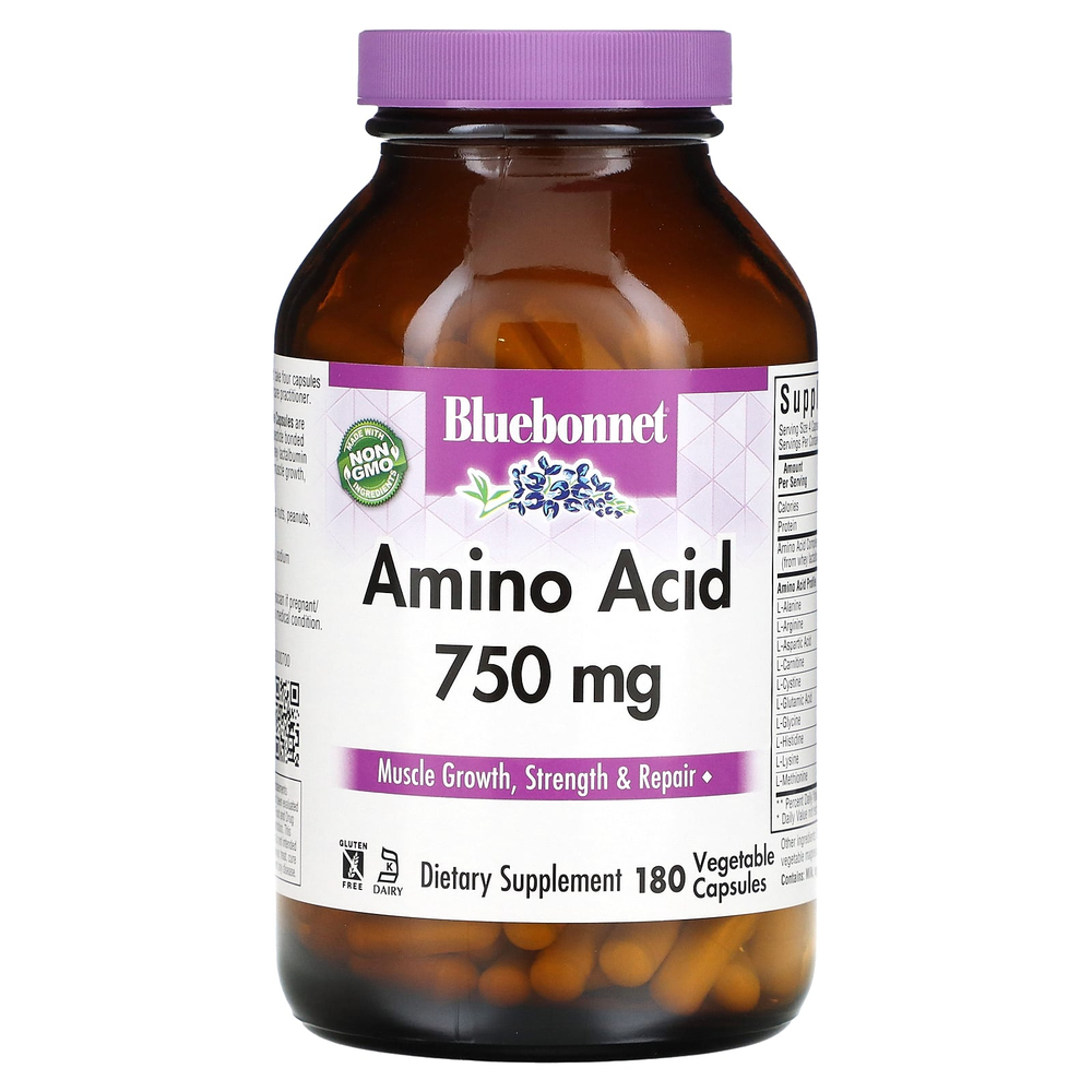 Bluebonnet Nutrition, аминокислоты, 750 мг, 180 растительных капсул