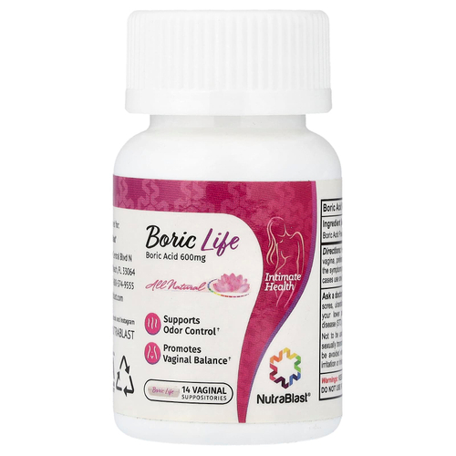 NutraBlast, Boric Life, борная кислота, 600 мг, 14 вагинальных свечей