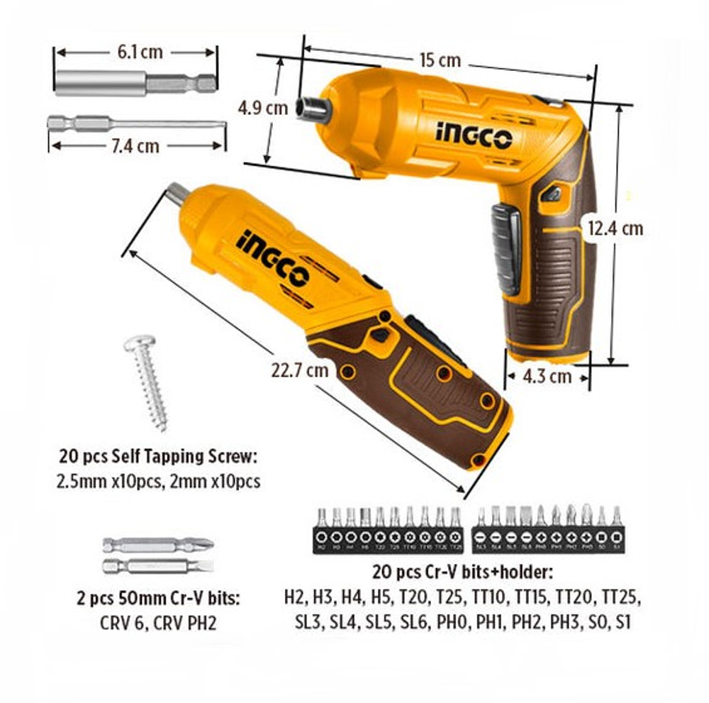 Аккумуляторная отвертка INGCO CSDLI04425 INDUSTRIAL 4 В 4 Нм 1/4"