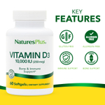 NaturesPlus, Витамин D3, 250 мкг (10 000 МЕ), 60 мягких таблеток