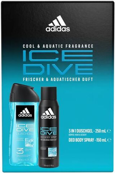 Набор подарочный мужской Adidas Ice Dive Гель для душа 3в1 250 мл и Дезодорант-спрей 150 мл (из Финляндии)