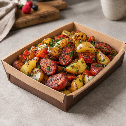 КАРТОФЕЛЬ BBQ С КОПЧЁНЫМИ КОЛБАСКАМИ