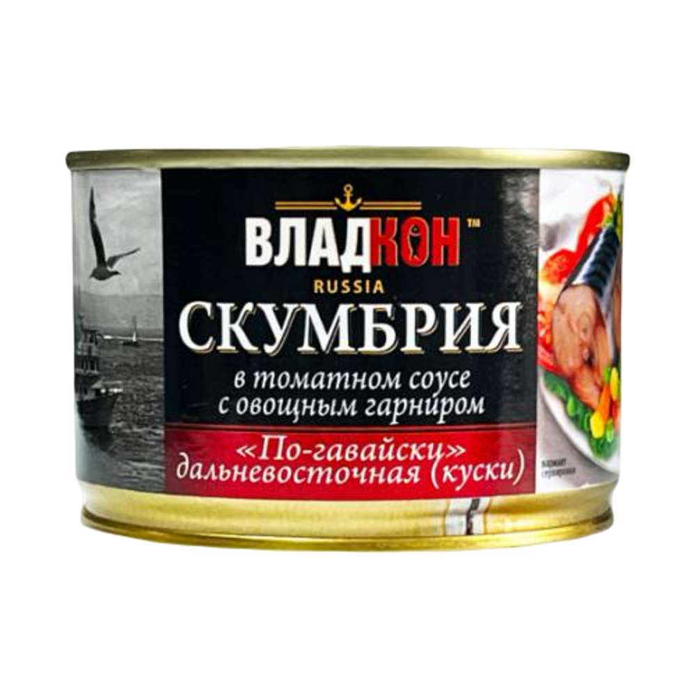 Скумбрия Владкон по-гавайски в томатном соусе с овощным гарниром жб 250гр