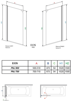 Шторка на ванну Radaway Eos PNJ 70x152 правая, крепится справа, профиль хром, стекло прозрачное 205101-101R схема
