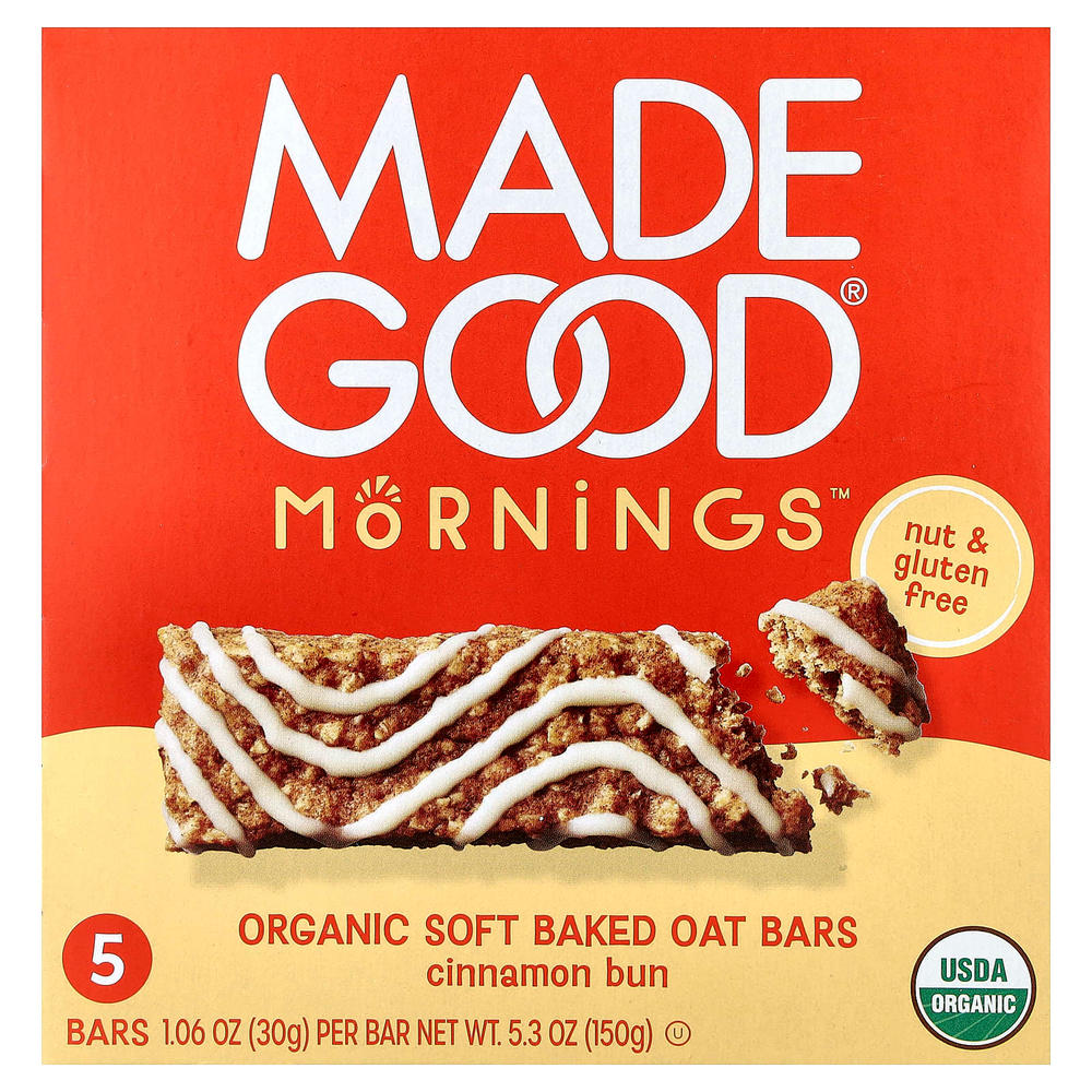 MadeGood, Mornings™, органические запеченные овсяные батончики, булочка с корицей, 5 батончиков по 30 г (1,06 унции)