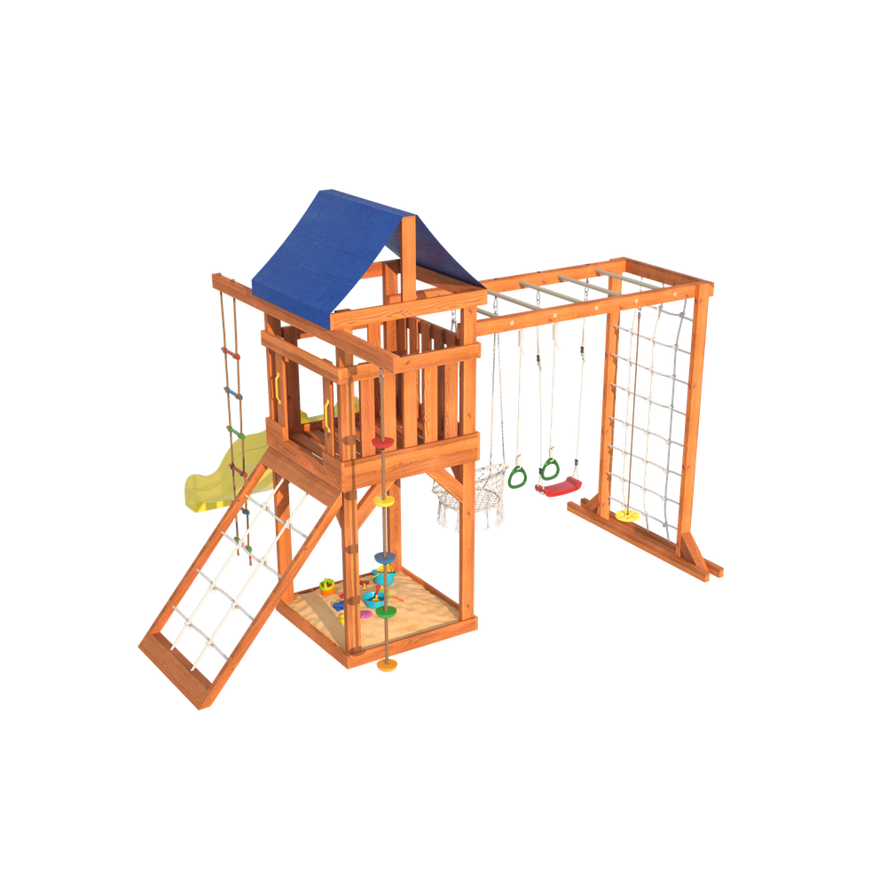 Детская площадка Fun Land с модулем сетка-рукоход, мини сеткой, подвесным креслом и качелями
