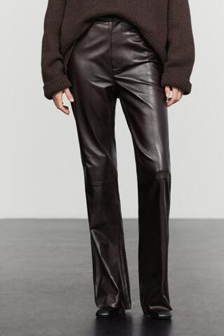 Massimo Dutti Брюки клеш с выраженными швами из кожи наппа, коричневый