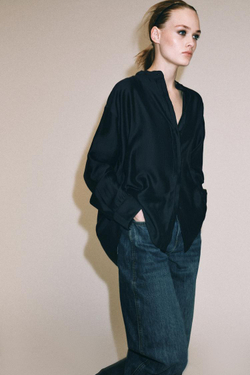 ZARA РУБАШКА С ВОРОТНИКОМ-СТОЙКОЙ ZW COLLECTION, МОРСКОЙ ТЕМНО-СИНИЙ
