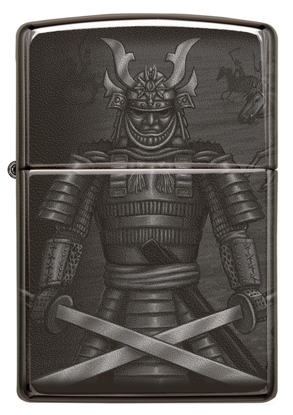 Фото оригинальная бензиновая зажигалка с рисунками самураев по периметру High Polish Black ZIPPO 49292