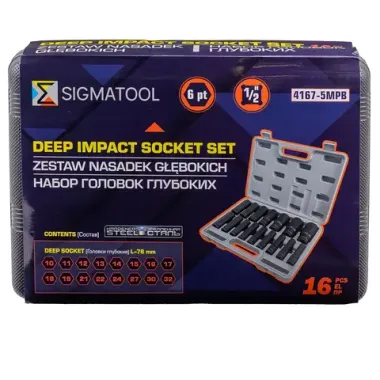 Головки ударные, набор 16пр., 1/2''(10-19, 21, 22, 24, 27, 30, 32мм, 6гр.) SIGMATOOL Sigmatool-4167-5MPB