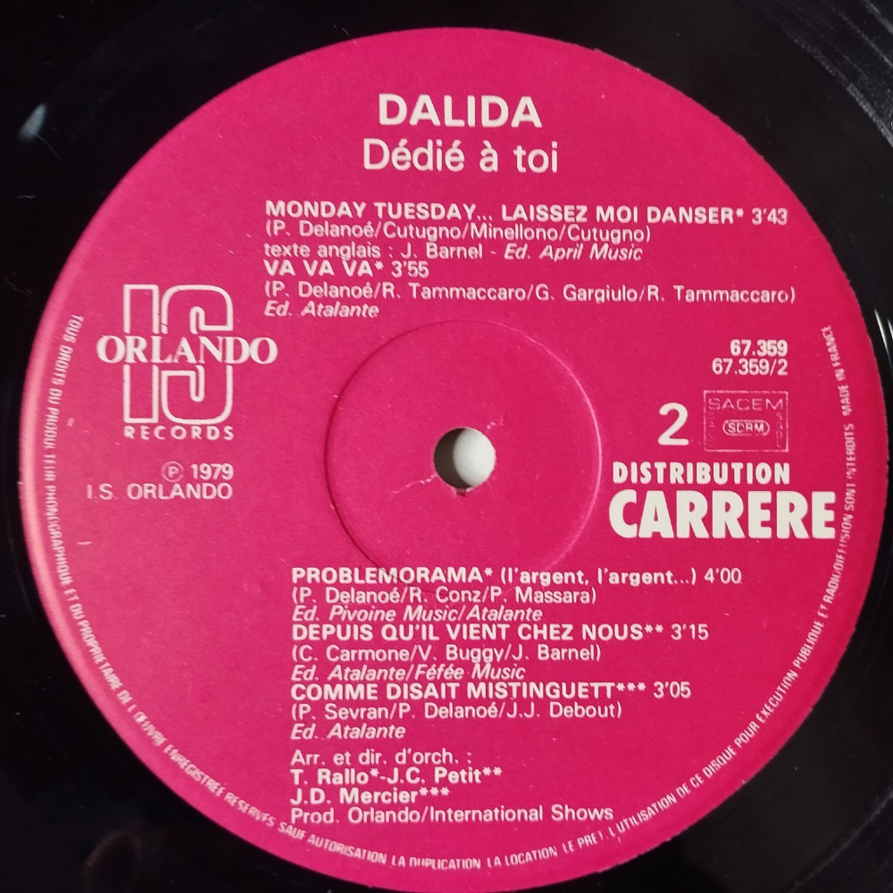 Винтажная виниловая пластинка LP Dalida Dedie A Toi, Monday Tuesday (France 1979) Helwa Ya Baladi