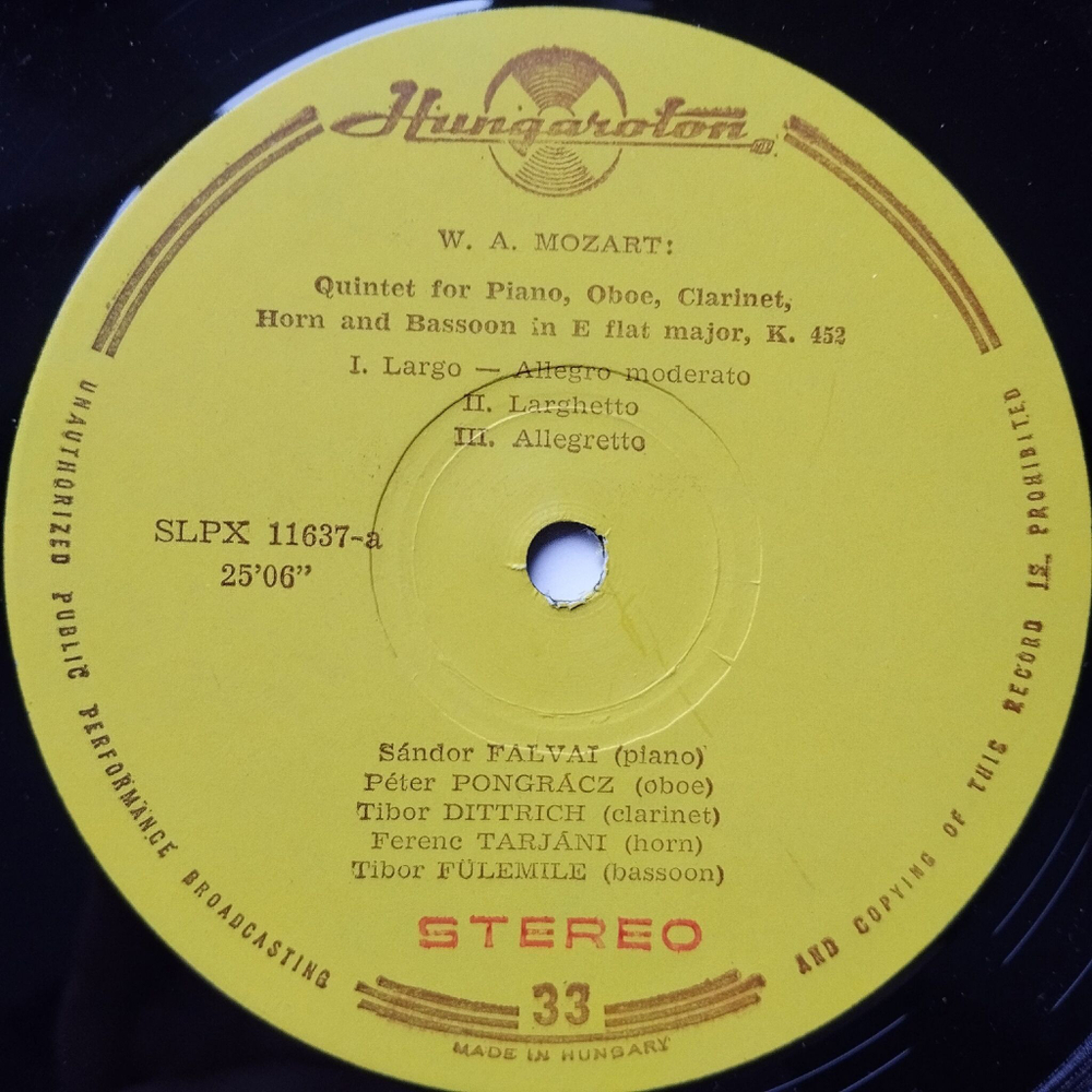 Винтажная виниловая пластинка LP W.A. Mozart В.А Моцарт, Quintet In E Flat Major, K. 452, Quintet In E Flat Major, Op. 16 (Венгрия 1974)