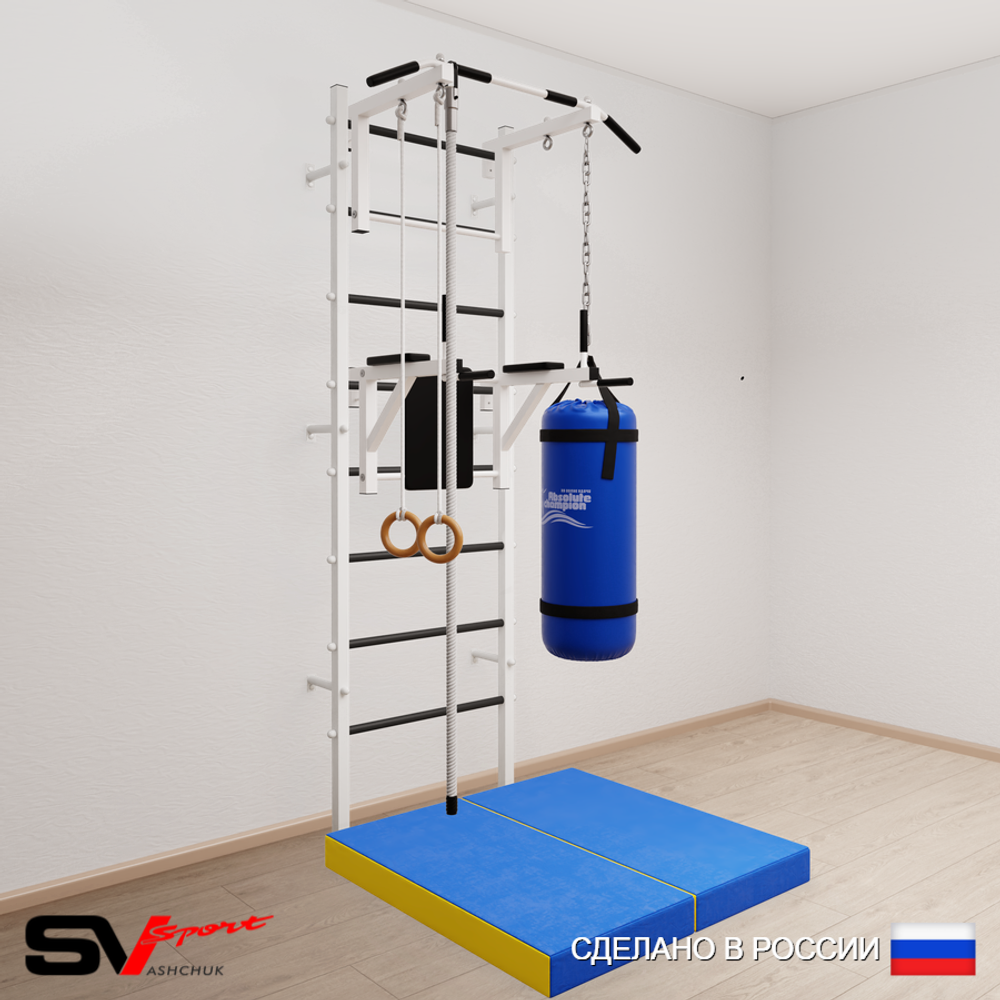 Шведская стенка Sv Sport 5746 (Турник стандарт/Брусья/Канат/Кольца/Цепь/Мешок 22кг/Мат 1м)