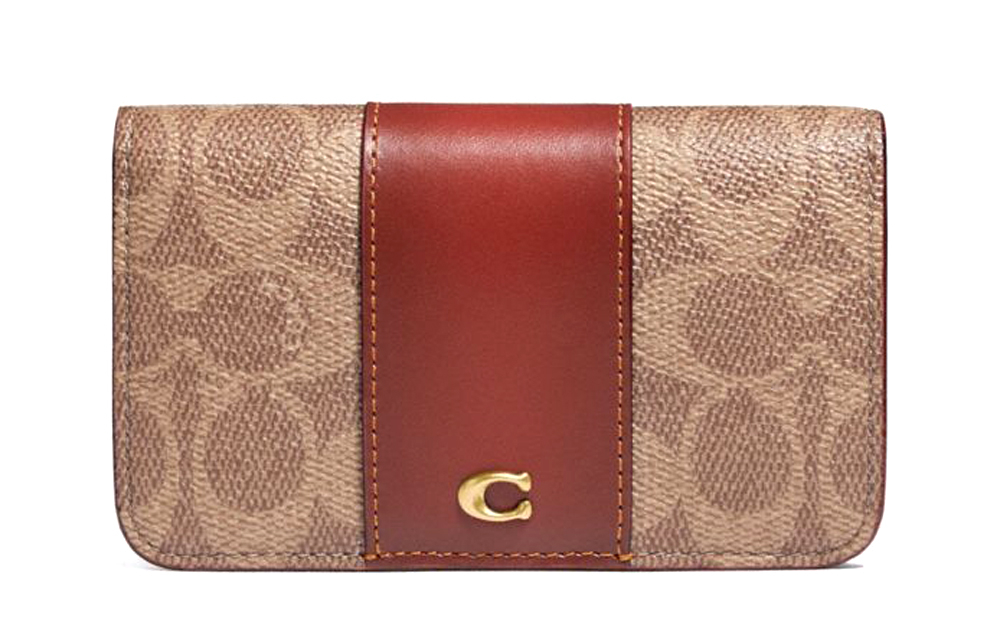 COACH Card Case Coated Canvas With Leather Wallet Women"s Brown Yellow Rusty