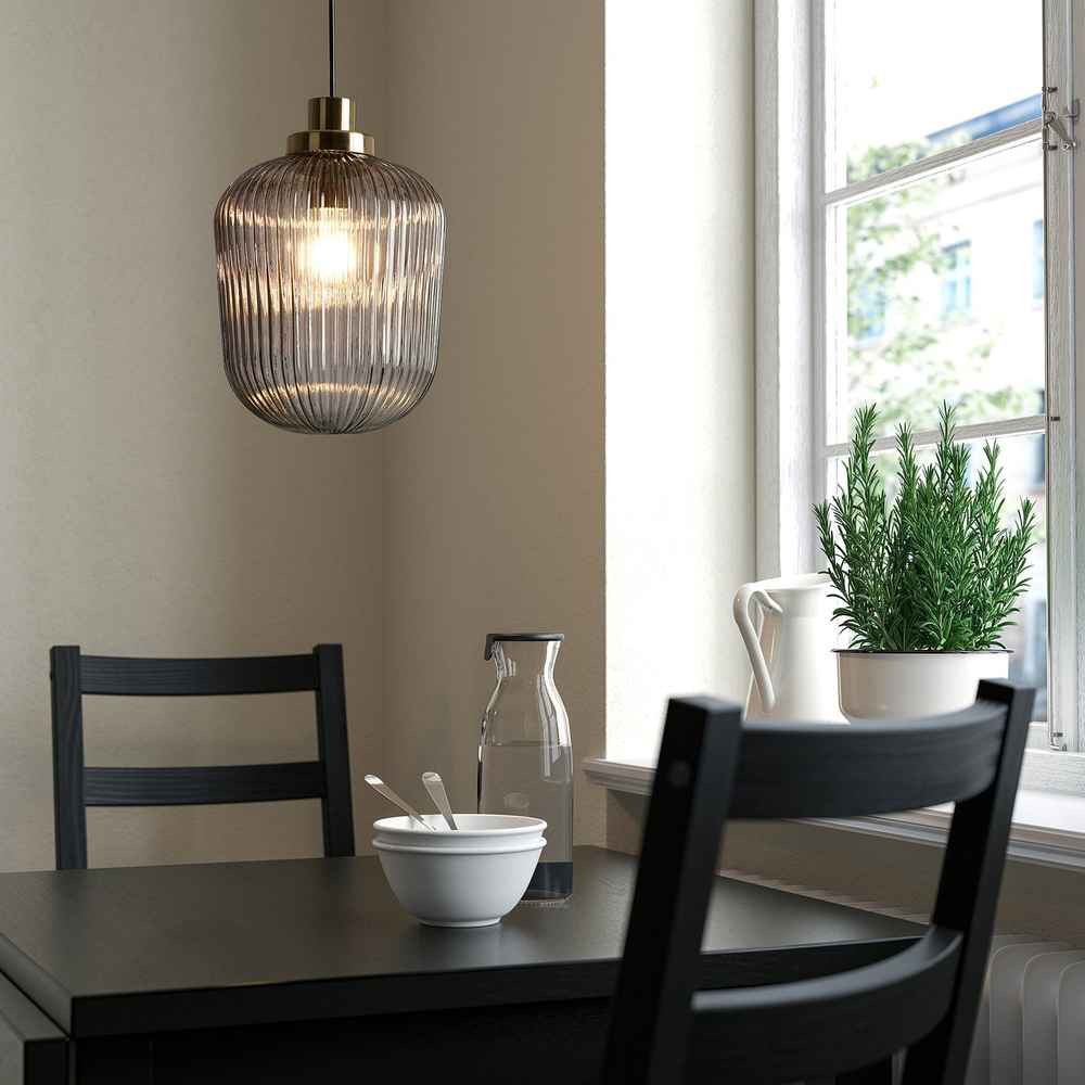 IKEA SOLKLINT  (ИКЕА СОЛКЛИНТ)  -  Лампа подвесная - латунь/серое прозрачное стекло 22 см