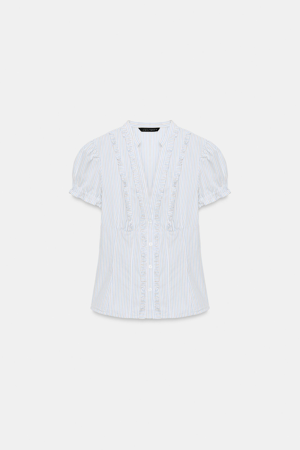 ZARA РУБАШКА ИЗ ПОПЛИНА С ВОЛАНАМИ, ПЕСОЧНЫЙ/СИНИЙ