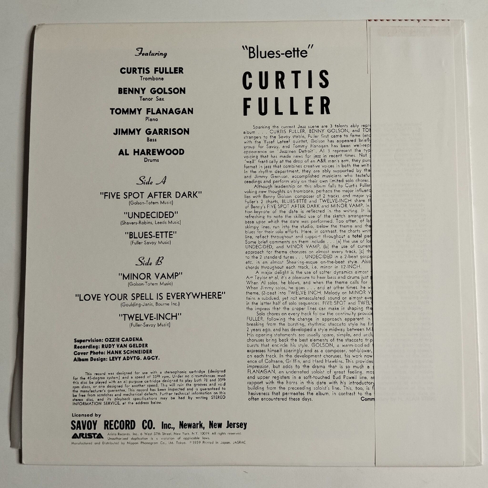 Винтажная виниловая пластинка LP Curtis Fuller Blues ette (Japan 1977) (Obi) Послемарк Five Spot After Dark