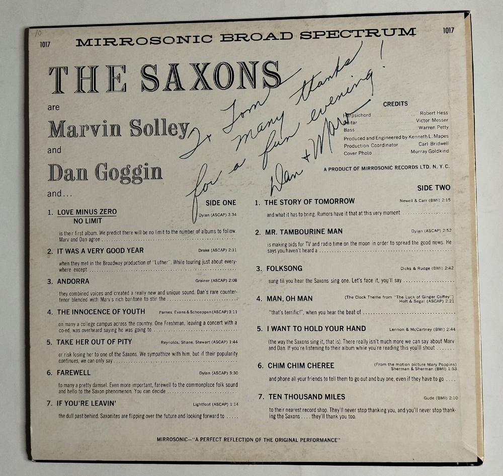 Винтажная виниловая пластинка LP The Saxons Love Minus Zero No Limit (USA 1966)