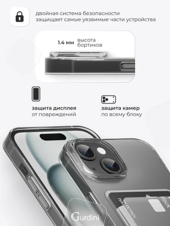 Чехол накладка iPhone 15 6.1" Gurdini силикон с отделением для карты прозрачный