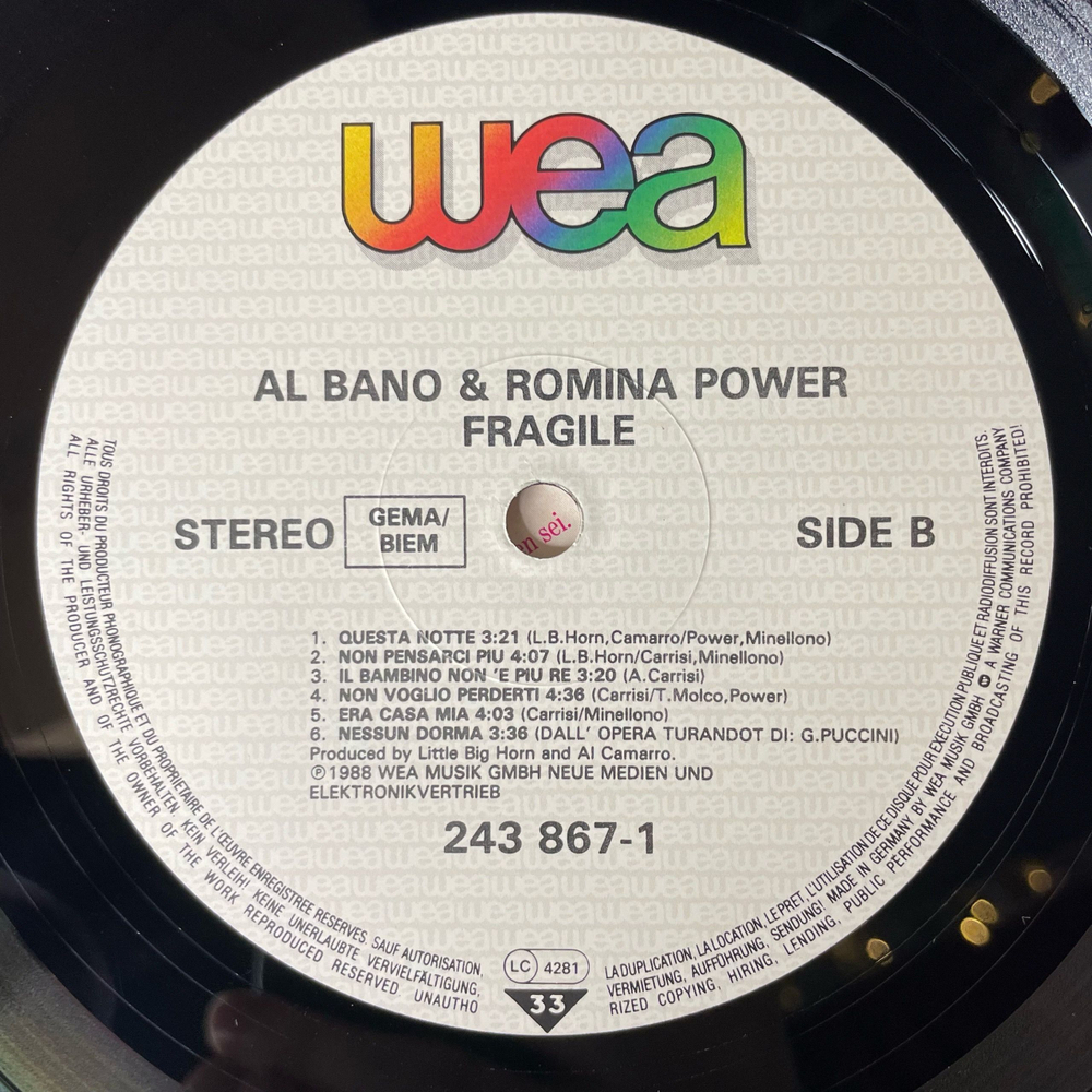 Винтажная виниловая пластинка LP Al Bano and Romina Power Fragile (Германия 1988) Questa Notte