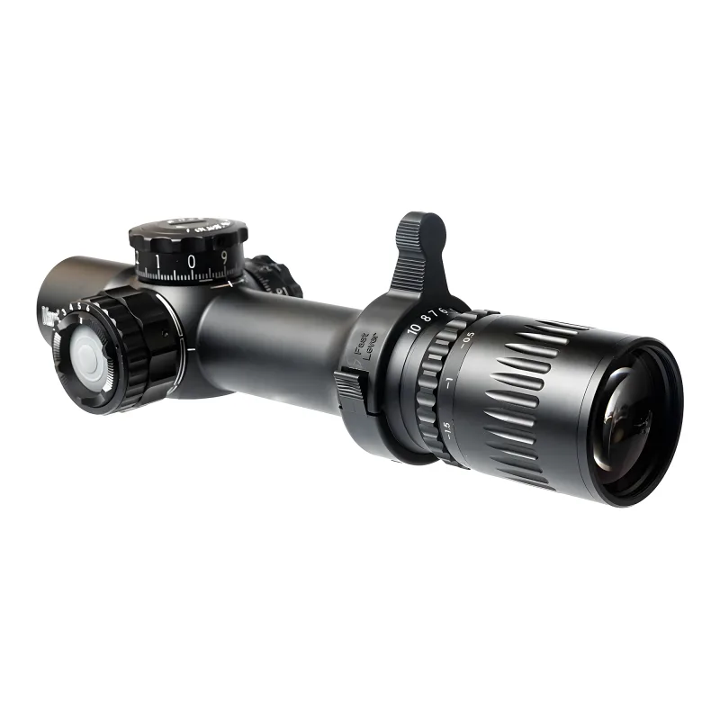 Прицел March-F 1-10x24 Shorty DR-TR1FB FFP+SFP 30мм, с кронштейном - вид со стороны окуляра с рычагом смены кратности