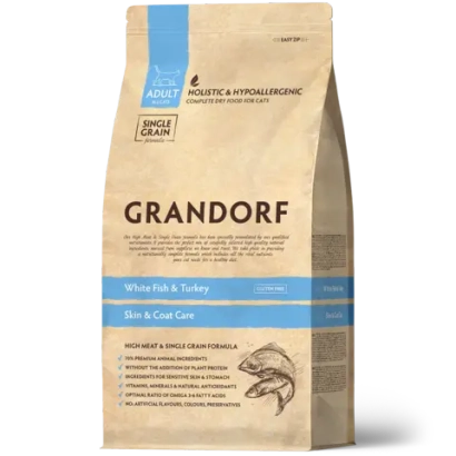 Сухой низкозерновой корм GRANDORF CAT White Fish&Turkey SKIN&CARE Белая рыба с индейкой 2кг