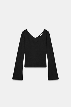 ZARA ФУТБОЛКА В РУБЧИК С V-ОБРАЗНЫМ ВЫРЕЗОМ, ЧЕРНЫЙ
