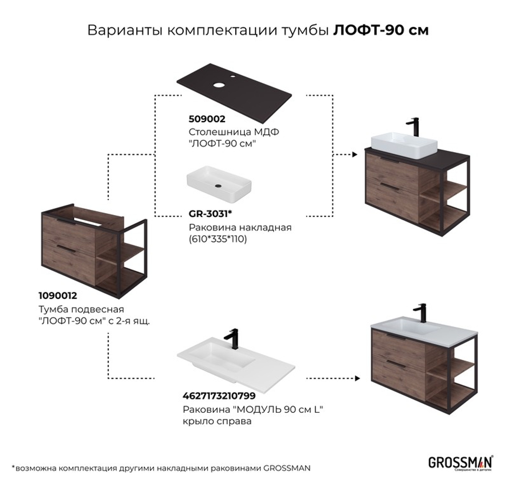 Тумба подвесная "ЛОФТ-90 см" с 2-я ящ. веллингтон/металл черный (ум.Модуль-90 крыло справа)