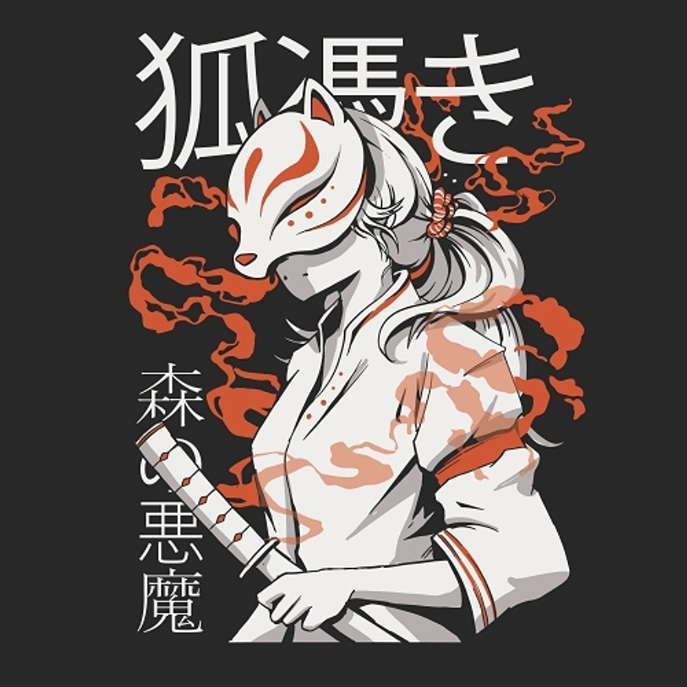 принт PewPewCat Kitsune для черной футболки
