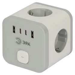 Разветвитель электрический ЭРА CUBE-3es-USB-W на 3 розетки с заземлением и выключателем + 4 USBA+C со шторками 16А белый | Тройники
