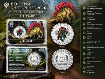 Россия 5 червонцев 2026 Стегозавр