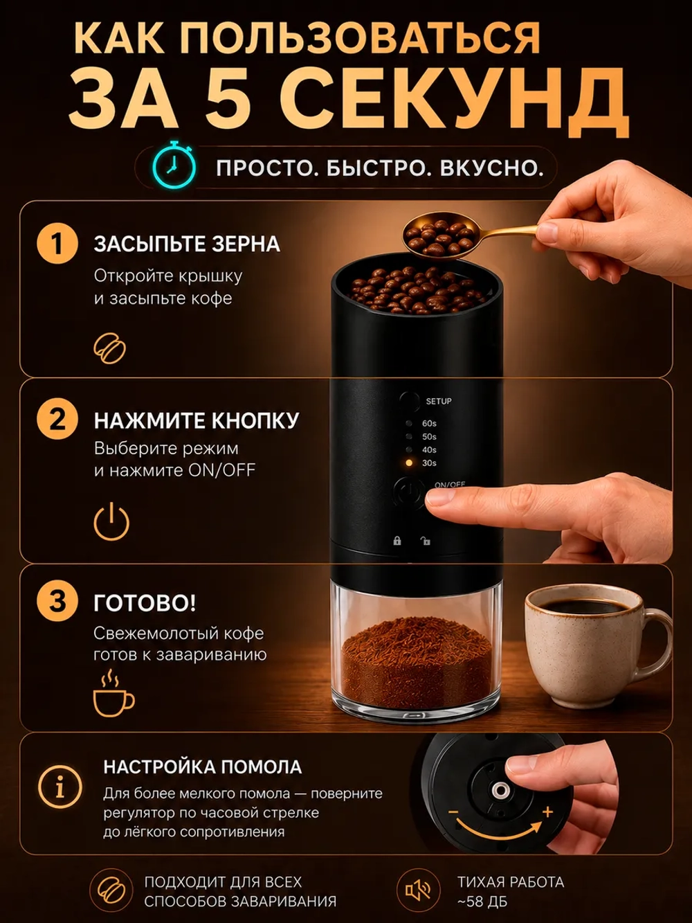 Кофемолка электрическая жерновая портативная мощная для кофе