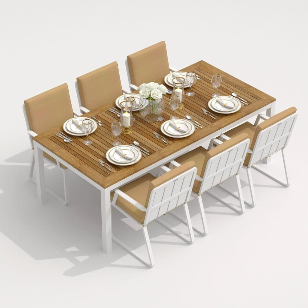 Обеденная группа Ideal Patio ТЕЛЛА АЛЬБА каркас белый, стол тик 200, ткань бежевая