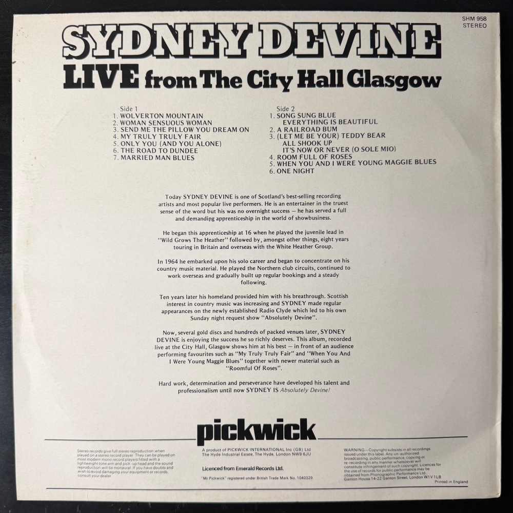 Sydney Devine – Live From The City Hall Glasgow (Англия 1975г.)