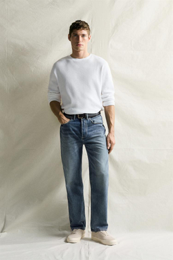 ZARA ФУТБОЛКА ИЗ РИФЛЕНОГО ТРИКОТАЖА, ЖЕЛТОВАТО-БЕЛЫЙ