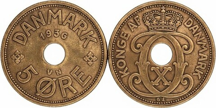 Дания 5 эре, 1936 Король Кристиан X XF