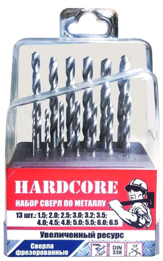 Сверла по мет. Р6М5 фрез. с шаговой заточкой 13шт.(1,5-6,5 через 0,5мм,3,2, 4,8мм) / Hardcore 140000 Сверла по мет. Р6М5 фрез. с шаговой заточкой 13шт.(1,5-6,5 через 0,5мм,3,2, 4,8мм) / Hardcore 140000