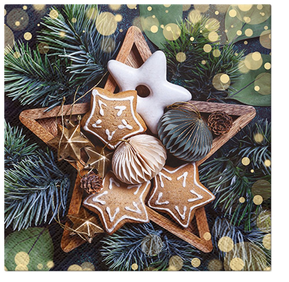 Салфетки для декупажа 3-слойные PAW Decor Collection, коллекция Lunch Пряничные звездочки, 18.5 г/м², 33х33 см, 20 шт
