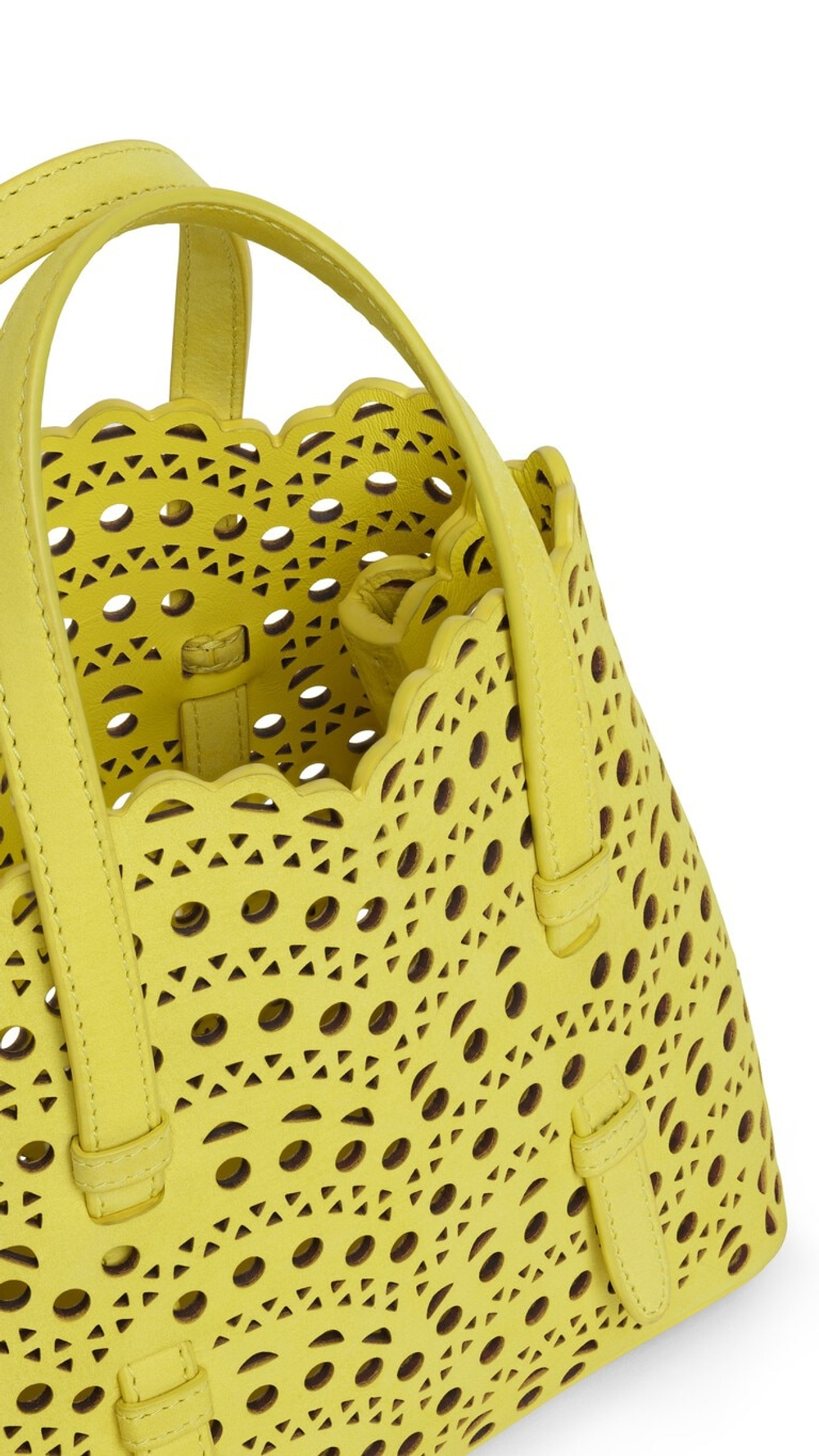 ALAÏA СУМКА MINA 20 ИЗ НУБУКА, ЛИМОННО-ЖЕЛТЫЙ