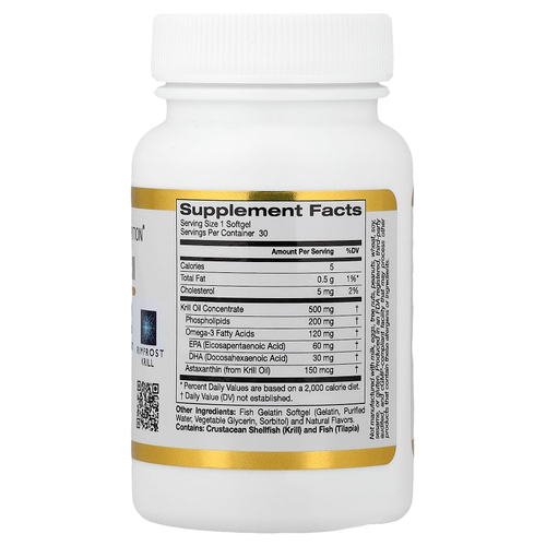 California Gold Nutrition, масло антарктического криля, комплекс фосфолипидов из омега-3 с ЭПК, ДГК и астаксантином, натуральный вкус клубники и лимона, 500 мг, 30 капсул из рыбьего желатина