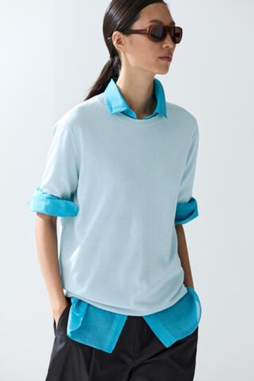 Massimo Dutti Тонкий шерстяной джемпер с короткими рукавами, голубой