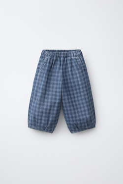 ZARA ДЖИНСЫ В КЛЕТКУ БАГГИ, ВЫЦВЕТШИЙ СИНИЙ
