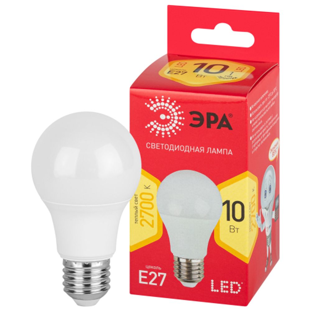 Лампа светодиодная ЭРА RED LINE LED A60-10W-827-E27 R 10Вт груша теплый белый свет Е27 | Лампы cветодиодные Груша (A)