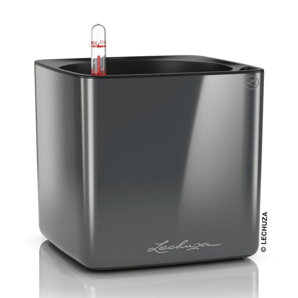 Кашпо Lechuza "Cube Glossy Complete charcoal highgloss" (пластик), 17x17xH16 см