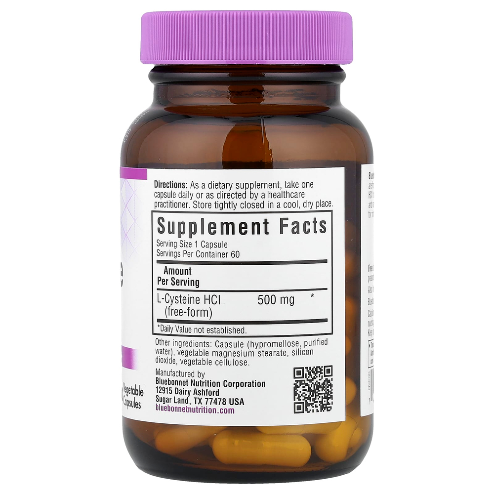 Bluebonnet Nutrition, L-цистеин, 500 мг, 60 растительных капсул