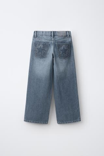 ZARA ДЖИНСЫ WIDE LEG СО СТРАЗАМИ, СЕРО-СИНИЙ