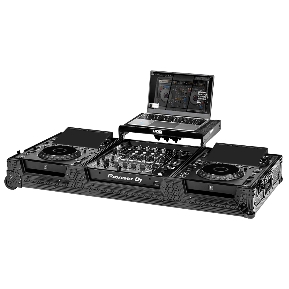 UDG Ultimate Flight Case Set AlphaTheta CDJ-3000X / Pioneer DJ DJM-A9 Black Plus (Laptop Shelf + Wheels)
